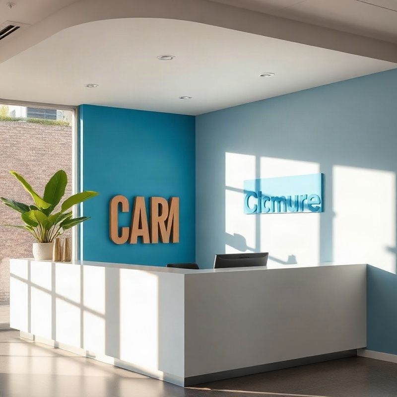 Recepção acolhedora do escritório da Mintadelta no centro de Curitiba